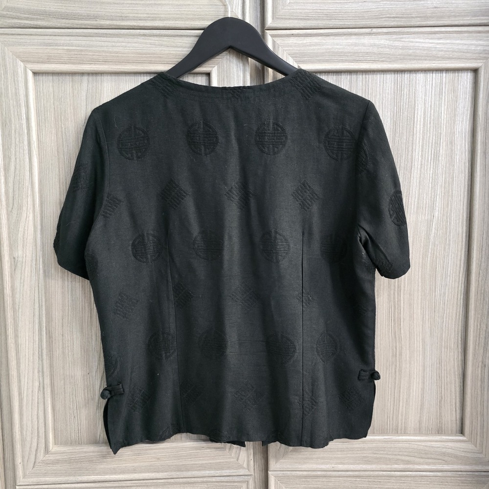 Thai Doung Womens Black Oriental Styled Top Sz Large Soie Silk Looped Buttons - Picture 2 of 5